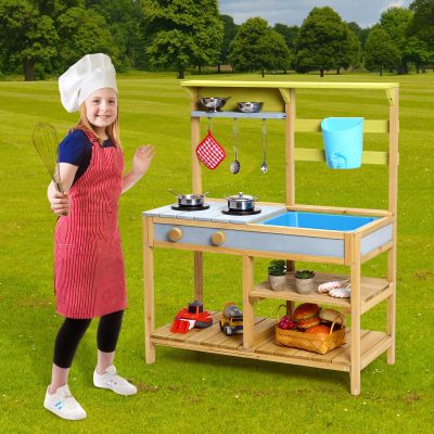 GAOMON Wooden Play Kitchen,Outdoor Mud Kitchen with Removable Sink & Faucet, Water Box, Stove Top, Storage Shelves, Indoor/Outdoor Pretend Playset for Toddler Boys & Girls Age 3+