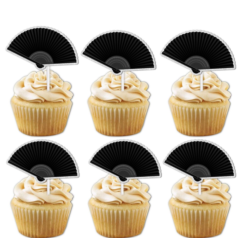 18pcs Black Glitter Folding Fan Dessert Cupcake Topper Retro Elegance Traditional Wedding Theme Decor Supplies Girls Woman Happy Birthday Party Decorations