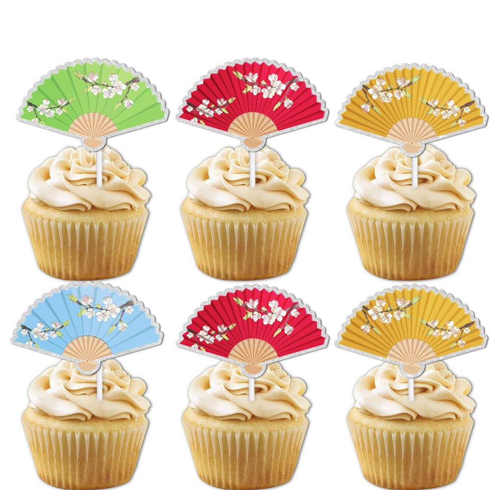 18pcs Glitter Folding Fan Dessert Cupcake Topper Retro Elegance Traditional Wedding Theme Decor Supplies Girls Woman Happy Birthday Party Decorations