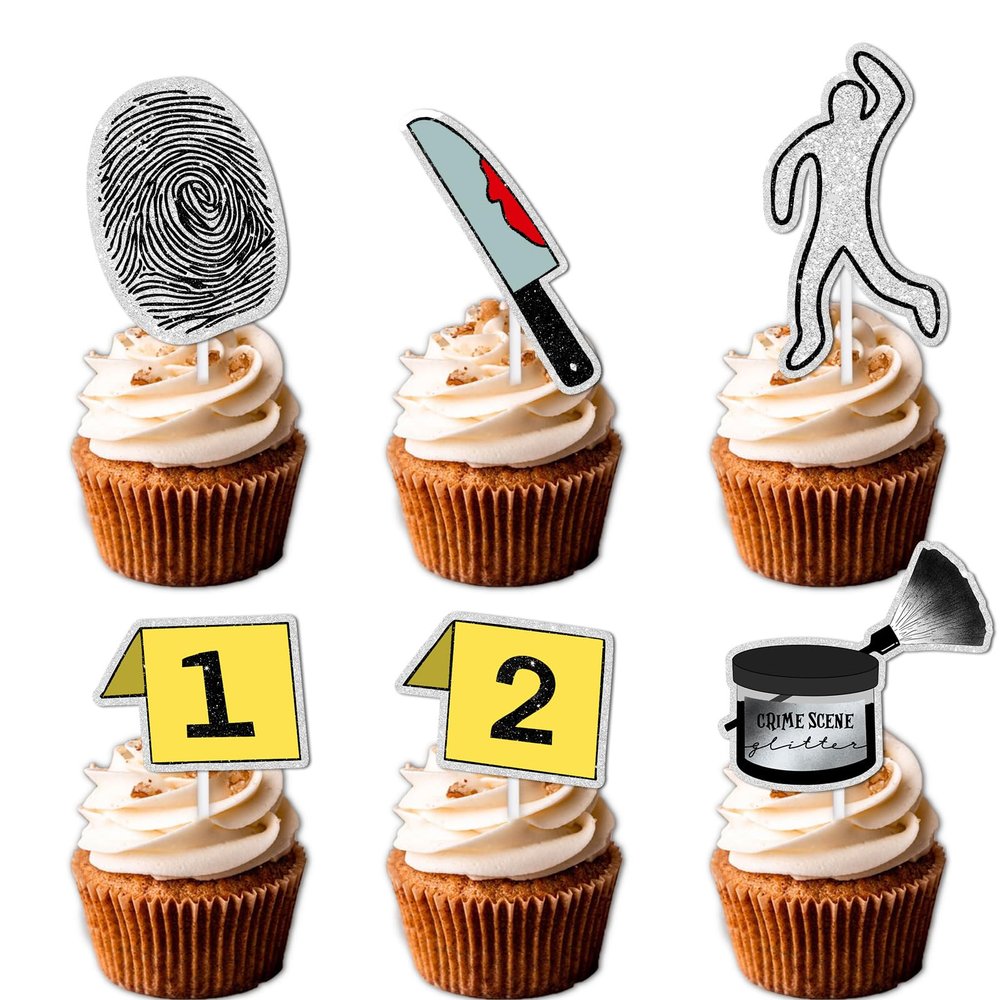 18pcs Glitter Detective Fingerprint Suspect Dessert Cupcake Topper Mystery Crime Clue Evidence Theme Men Women Girls Boys Happy Birthday Party Decor Supplies Decorations