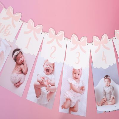 12 Month Bow Photo Banner - Milestone Bow Banner, Newborn To 12 Months, 1st Birthday Photo Banner For Baby From Newborn To 12 Months