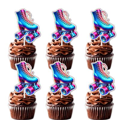 18pcs Fluorescent Blue Glitter Pink Roller Skates Dessert Cupcake Topper 80s 90s Retro Hip Hop Roller Skating Theme Decor Supplies Boys Girls Happy Birthday Party Decorations