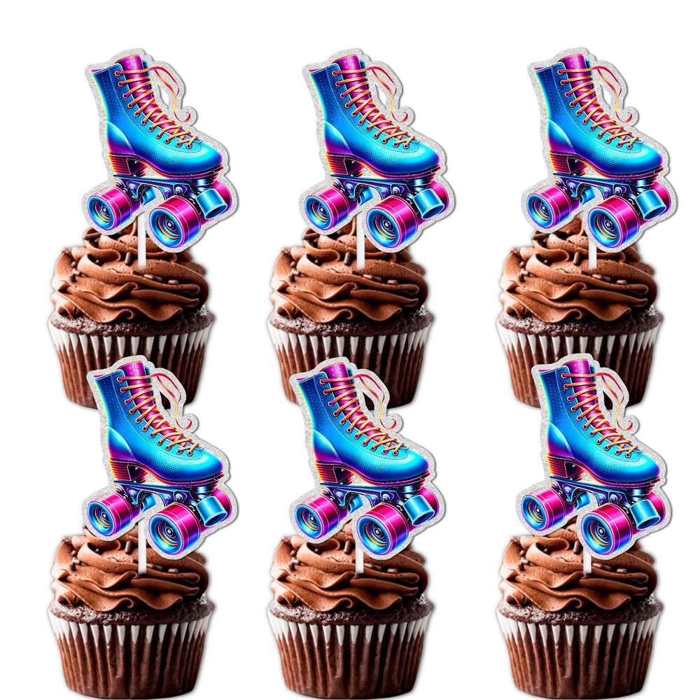 18pcs Fluorescent Blue Glitter Pink Roller Skates Dessert Cupcake Topper 80s 90s Retro Hip Hop Roller Skating Theme Decor Supplies Boys Girls Happy Birthday Party Decorations