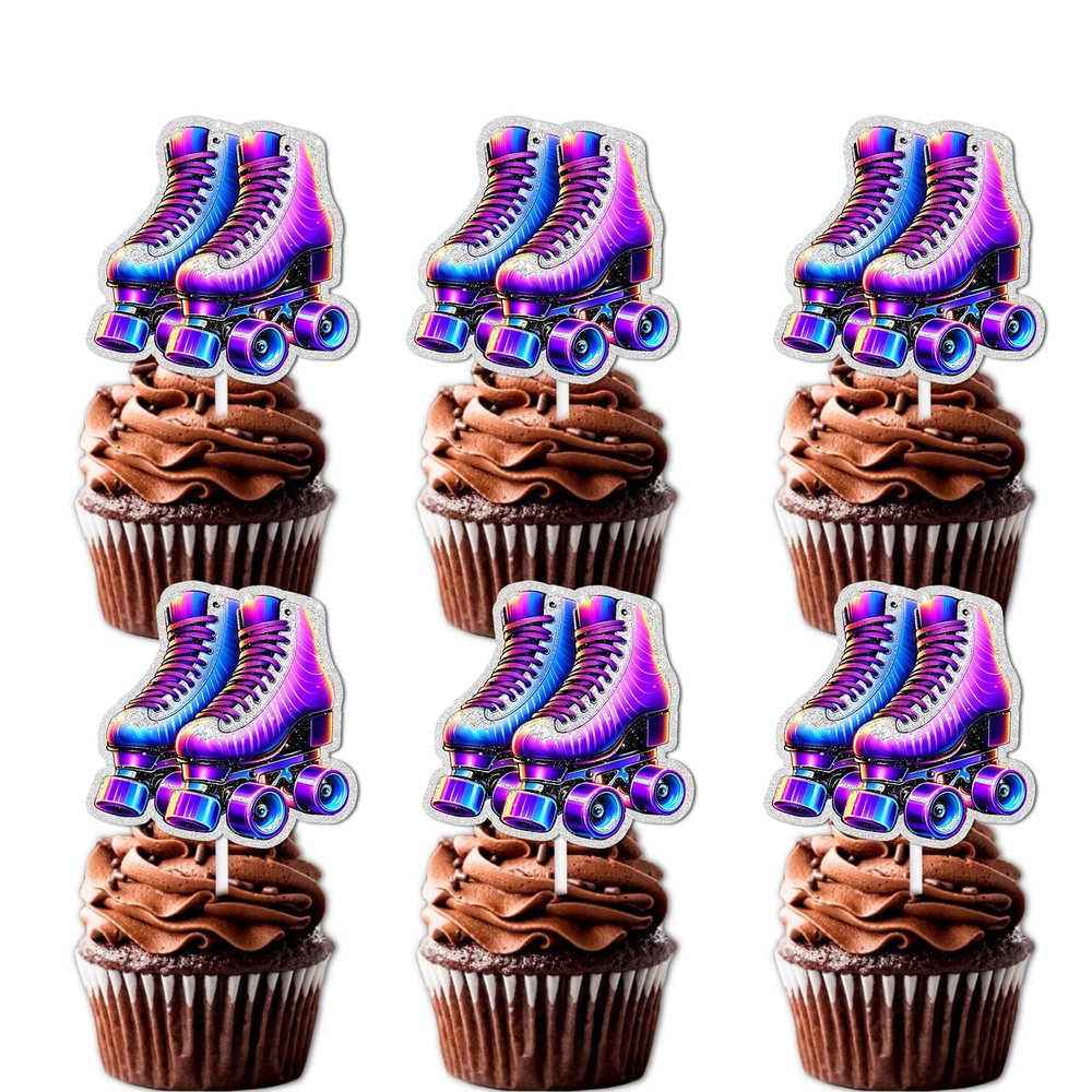 18pcs Fluorescent Purple Glitter Pink Roller Skates Dessert Cupcake Topper 80s 90s Retro Hip Hop Roller Skating Theme Decor Supplies Boys Girls Happy Birthday Party Decorations