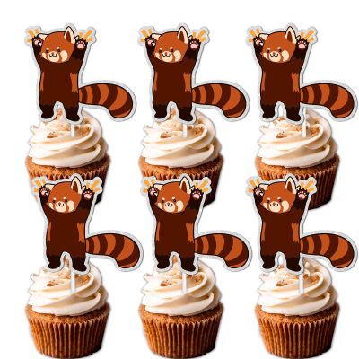 18pcs Red Glitter Cute Panda Dessert Cupcake Topper Anime Animal Theme Decor Supplies Baby Shower Boys Girls Happy Birthday Party Decorations