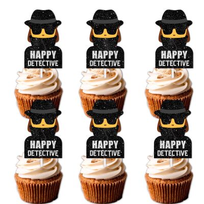 18pcs Glitter Dessert Cupcake Topper Mystery Crime Clue Evidence Detective Agent Theme Happy Birthday Party Decor Supplies Decorations
