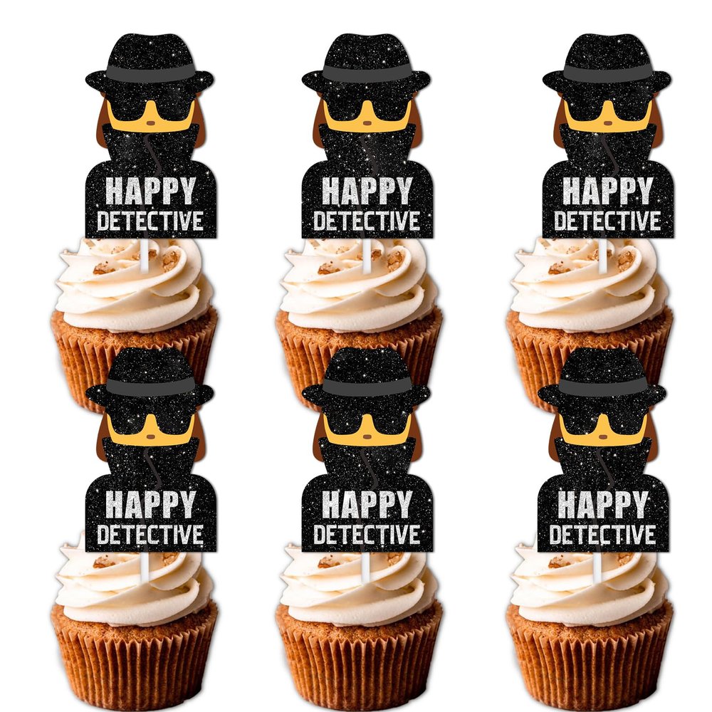 18pcs Glitter Dessert Cupcake Topper Mystery Crime Clue Evidence Detective Agent Theme Happy Birthday Party Decor Supplies Decorations