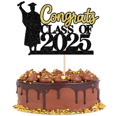 Rsstarxi 1 Pack Congrats Class of 2025 Cake Topper Glitter Congrats Grad Graduation Cap Diploma Cake Pick for 2025 High School College University Graduation Party Cake Decorations Black