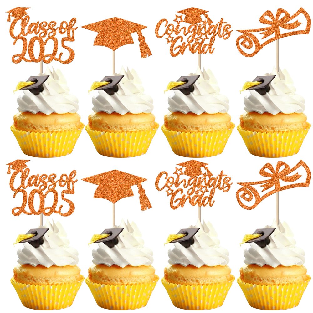 24 Pack 2025 Graduation Cupcake Toppers Glitter Class of 2025 Congrats Grad Cap Cupcake Picks for Graduation Theme School Cake Decoration Party Supplies Orange