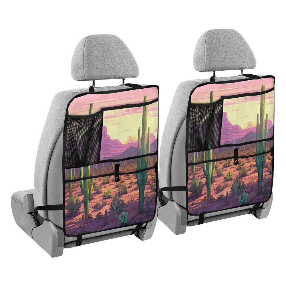 FLildon Car Seat Protector with Organizer - Desert Cactus Back Seat Protector Kick Mats, Waterproof Back Seat Protector with Mesh Pockets & Tablet Holder