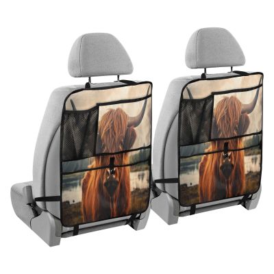 FLildon Car Seat Protector with Organizer - Highland Cow Back Seat Protector Kick Mats, Waterproof Back Seat Protector with Mesh Pockets & Tablet Holder