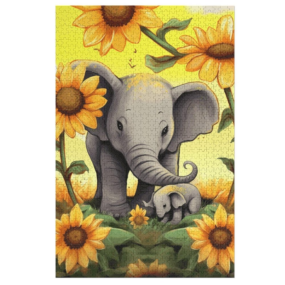 1000 PCS Jigsaw Puzzle for Adults Personalized Picture Puzzle Mother and Baby Elephant Sunflowers Customized Wooden Puzzle for Family, Birthday, Wedding, Game Nights Gifts