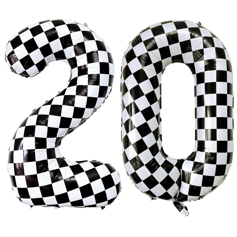 Black White Checkered Number 20 Balloons, 40 Inch Giant Number Balloons Foil Mylar Helium Checkered Number 20 Balloons for 20th Birthday Party Supplies Anniversary Event Celebration Decorations