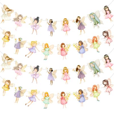 Affrolling 4 Pcs Fairy Party Banner, Fairy First Birthday Party Decorations, Flower Hanging Banners Cutout for Fairies Tale Floral Garden Tea Wonderland Baby Shower Supplies