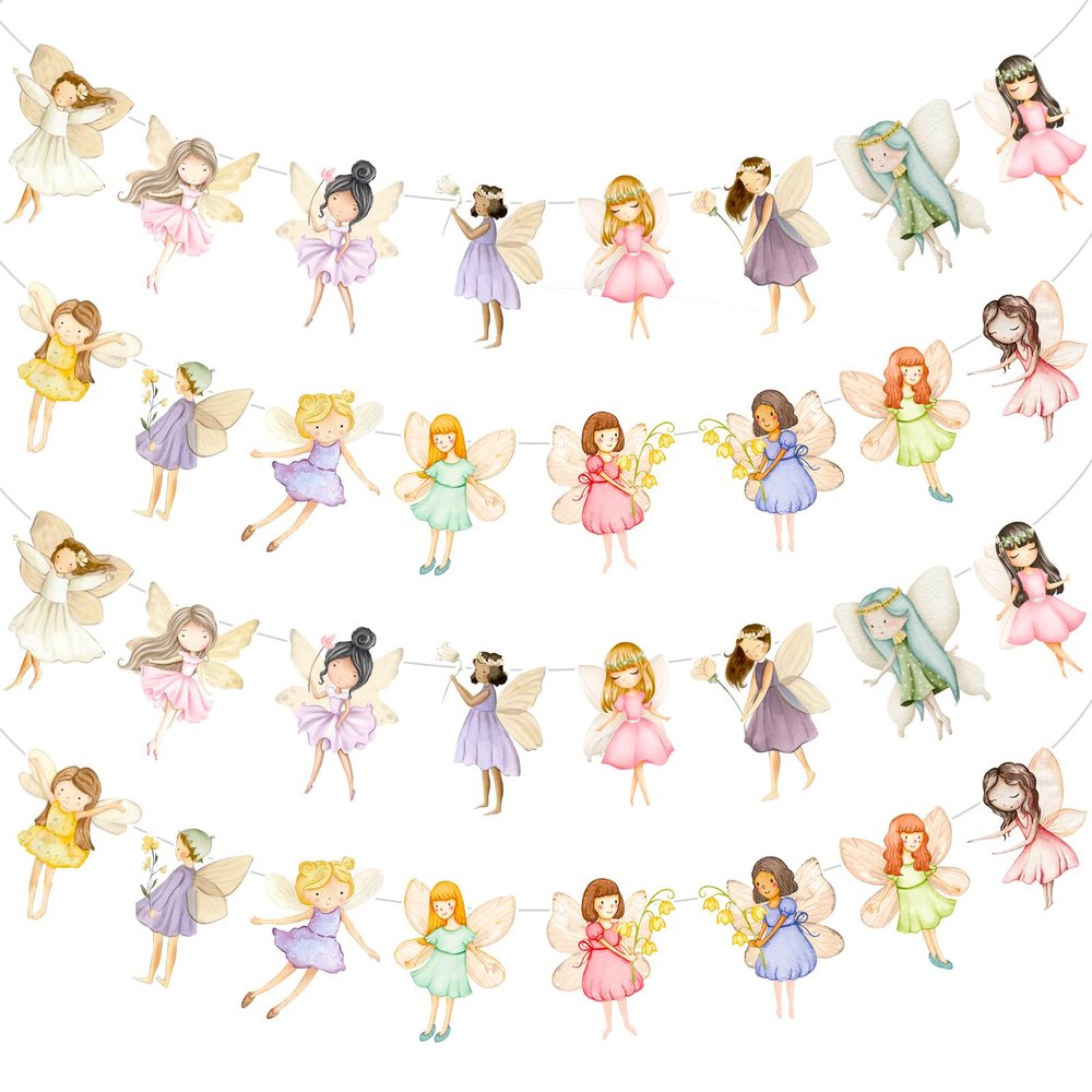 Affrolling 4 Pcs Fairy Party Banner, Fairy First Birthday Party Decorations, Flower Hanging Banners Cutout for Fairies Tale Floral Garden Tea Wonderland Baby Shower Supplies