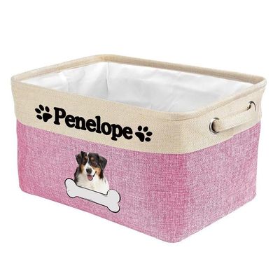 MALIHONG Personalized Dog Australian Shepherd Bone Decorative Storage Basket Fabric Rectangle Toy Box with 2 Handles for Organizing Closet Garage Clothes Blankets Pink and White