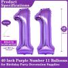 Purple 11 Number Balloons, 40 Inch Giant Number 11 Balloons Foil Mylar Helium Purple Number Balloons for 11th Birthday Party Supplies Anniversary Event Celebration Decorations view 2