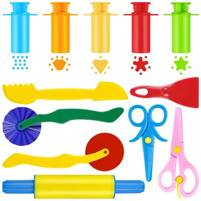 Clay and Dough Tools 12 Pcs Basic Dough Tools Set for Kids with Extruders, Rolling Pin, Cutters,Plastic Hand Scraper, Scissors