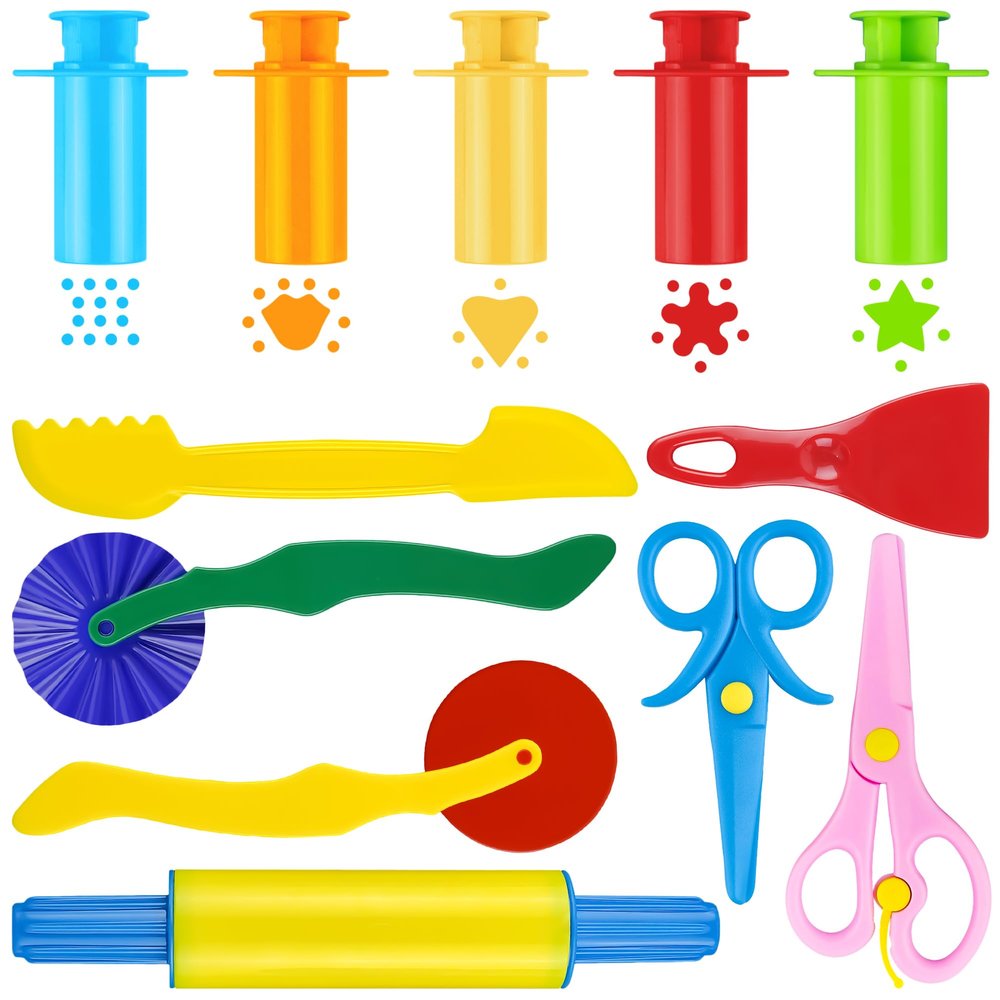 Clay and Dough Tools 12 Pcs Basic Dough Tools Set for Kids with Extruders, Rolling Pin, Cutters,Plastic Hand Scraper, Scissors