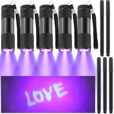 Tegeme 10 Pcs Blacklight Pen Set 5 Invisible Ink Pen 5 Blacklight Flashlights, UV Pen Invisible Ink Marker Black Light Markers for Spy Secret Holiday Gift Party Favors(Classic)