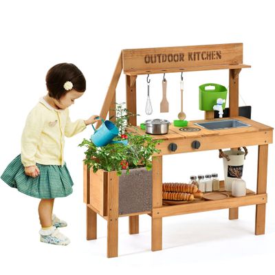Aoparts Mud Kitchen for Kids Outdoor, Wood Play Kitchen with Planter Box, Toddler Sink, Faucet, Blackboard, Water Cup and Accessories