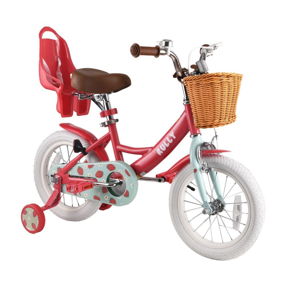 RULLY Strawberry 16 Inch Girls Bike for 4-7 Year Olds, Kids Bicycle with Training Wheels, Basket & Doll Seat, Retro Red Bike for Toddlers