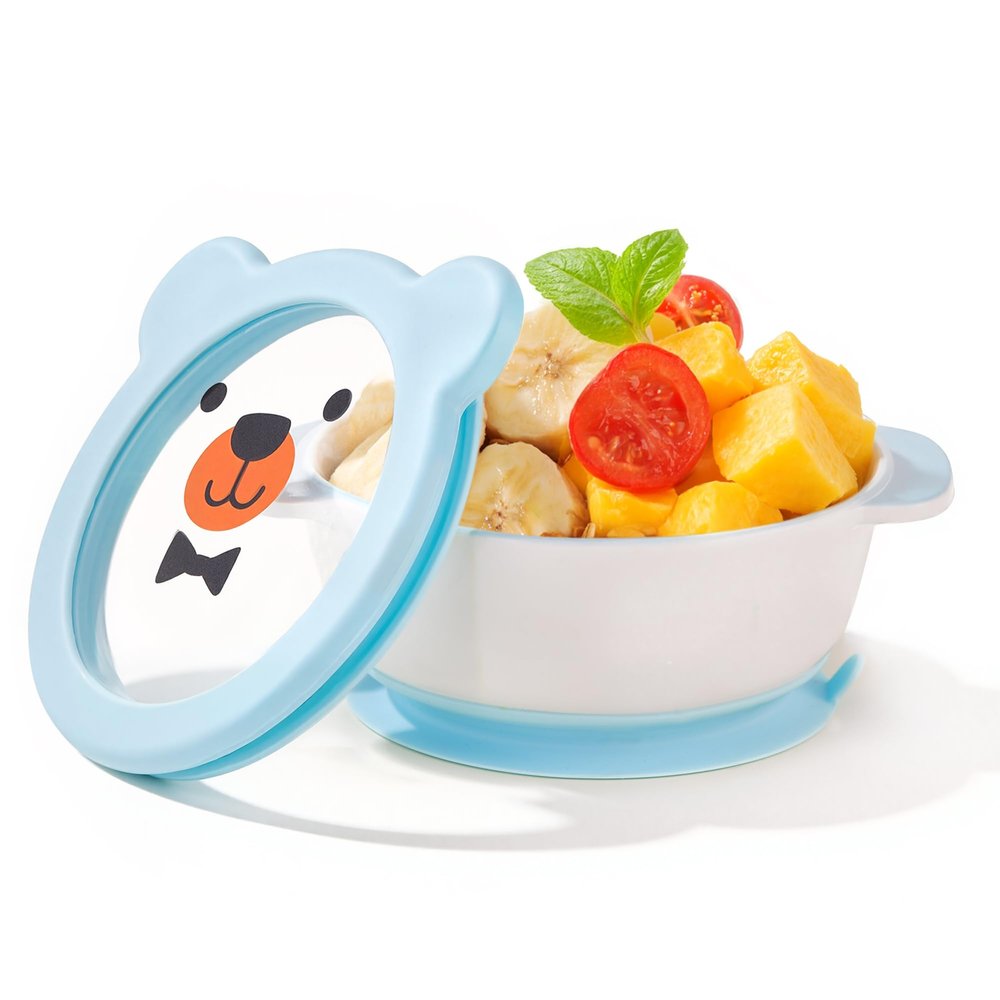 Mrs. Chou Ceramic Suction Bowl for Babies and Toddlers, Non-Slip Silicone Suction Cup, BPA-Free Lids, Independent feeding, First Stage Self Feeding Essential, Led Weaning Snack Feeder BLUE