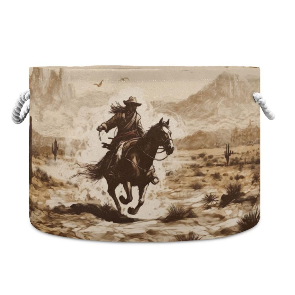 xigua Western Desert Cowboy Cotton Rope Storage Basket with Handles Large Baby Laundry Basket Round Collapsible Blanket Basket Shelf Closet Organizer for Nursery Toys Clothes