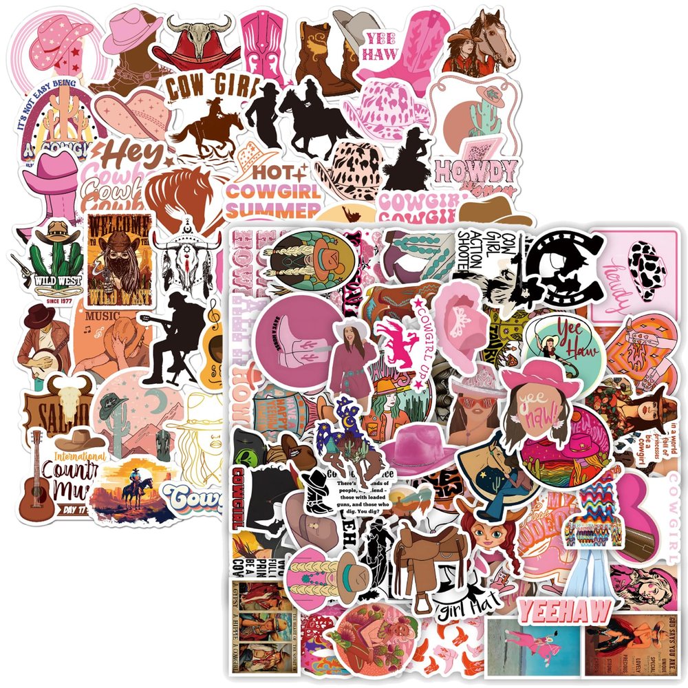 100PCS Cowgirl Stickers,Country Western Decals Vinyl Waterproof,Pink Cowgirl Hat Boots Stickers,Perfect for Water Bottle Laptop Luggage Skateboard Snowboard Guitar Scrapbook for Teens Girls Kids