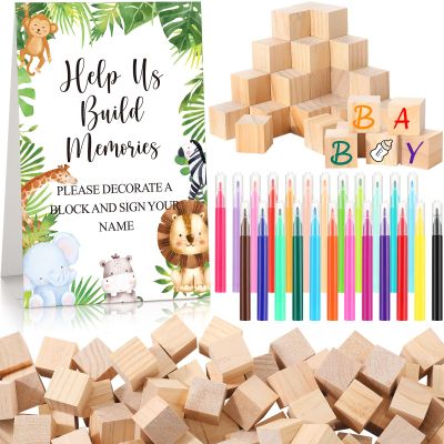 Dinifee 125 Pcs Baby Shower Decorate a Block Game Set Includes Help Us Build Memories Sign 100 DIY Blank Wooden Block 24 Paint Marker Prize for Wedding Baby Shower Game(Jungle)