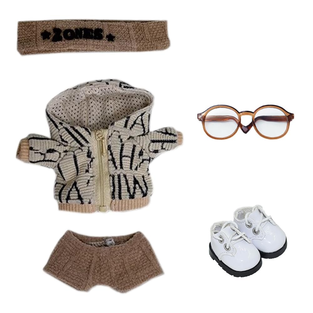 niannyyhouse Headwear Hooded Jacket Pants Glasses Leather Shoes Elemental Outfit 10cm 20cm Plush Doll Clothes Dress Up Accessories (Brown-10cm)