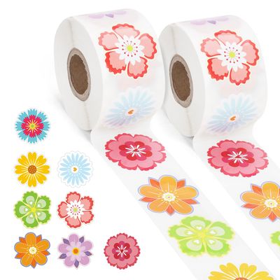 1000pcs/2 Roll Flower Stickers for Kids, 1.5in 8 Patterns Spring Summer Floral Stickers Colorful Sun-Proof Waterproof Flower Decals for Scrapbooks Cards Envelopes Water Bottle