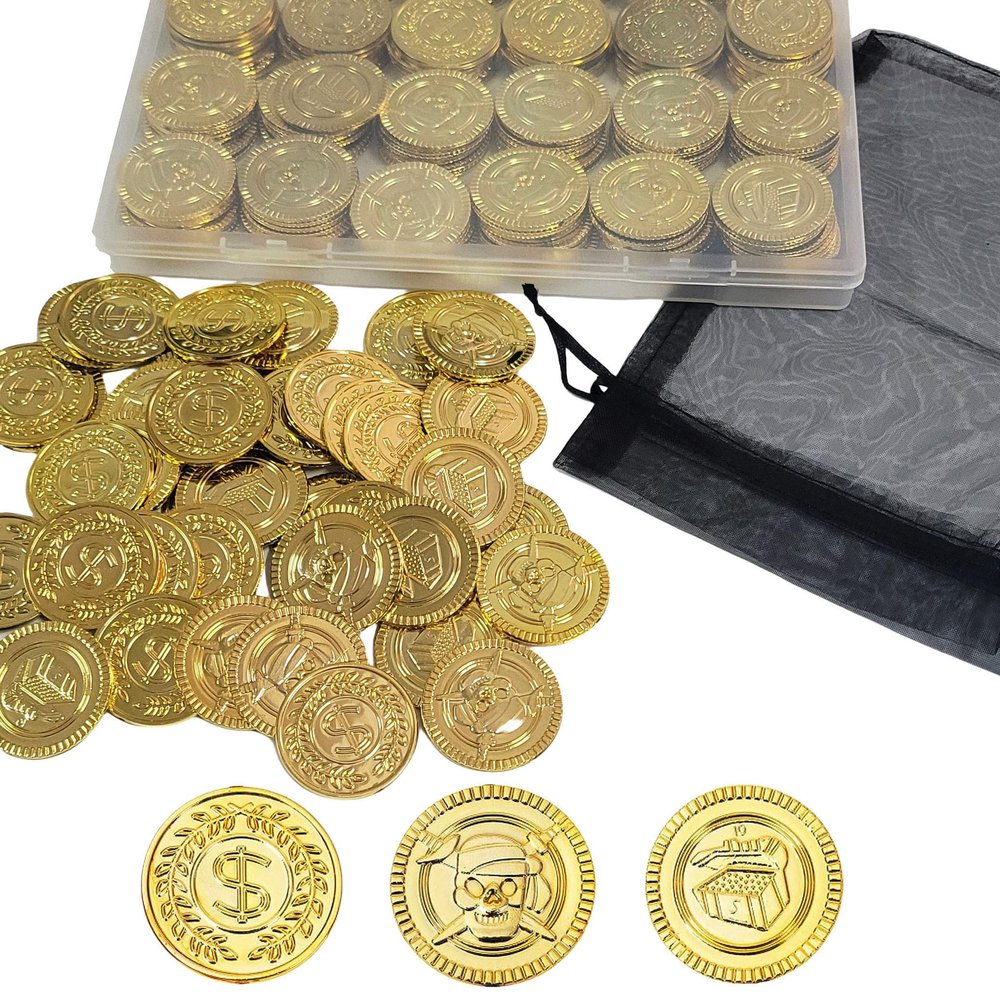 AiFanS 144 Pcs Fake Gold Coins - Plastic Pirate Gold Coins for Kids - Perfect for Pirate Themed Parties, Games, and Treasure Hunts(3 Pattern)