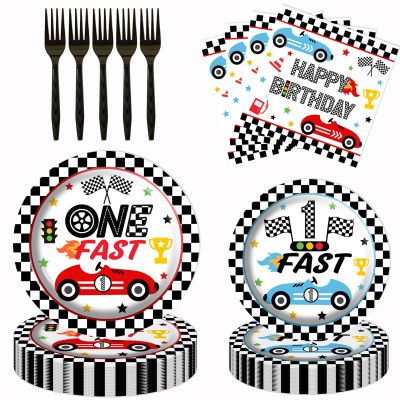 80pcs Race Car 1st Birthday Party Plates, Fast One Black and White Checkered Flag Plates Napkins Forks Tableware Kit for Baby Boys Racing Car Theme 1st Birthday Party Supplies Decorations Favors