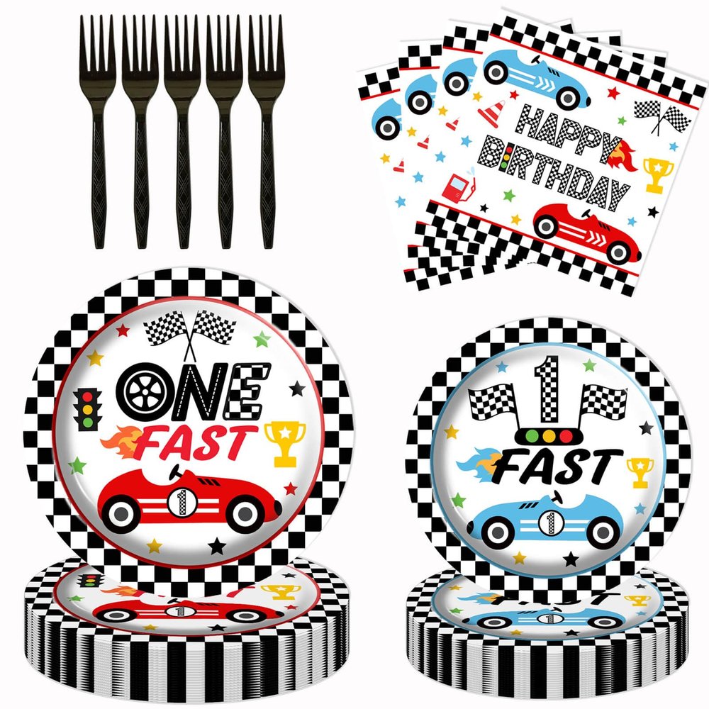 80pcs Race Car 1st Birthday Party Plates, Fast One Black and White Checkered Flag Plates Napkins Forks Tableware Kit for Baby Boys Racing Car Theme 1st Birthday Party Supplies Decorations Favors