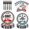 80pcs Race Car 1st Birthday Party Plates, Fast One Black and White Checkered Flag Plates Napkins Forks Tableware Kit for Baby Boys Racing Car Theme 1st Birthday Party Supplies Decorations Favors view 1