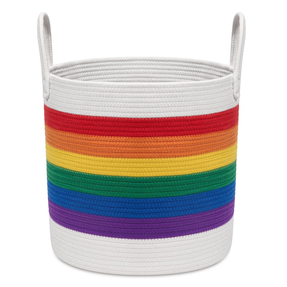 LOILAM Rainbow Pride Storage Basket, Woven Cotton Rope Basket with Handles, for Toys, Blankets and Towels, LGBTQ+ Home Decor, Gay Lesbian Pride Gifts
