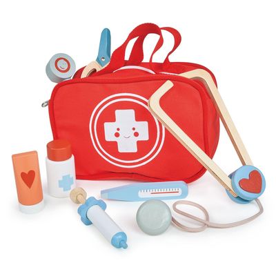 Mentari Toys - My First Aid Kit - 8pc Wooden Pretend Doctor Kit with Red Storage Bag - Educational Role Play Toy with Realistic Pieces - Inspire Empathy and Creativity - Age 3+