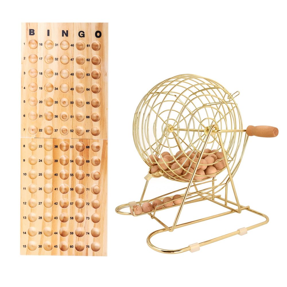 GSE Games & Sports Expert Deluxe Bingo Game Set with Large Gold/Brass Metal Bingo Cage (12" Tall), Folding Wooden Master Board, 7/8" Wooden Calling Balls for Family Night & Parties