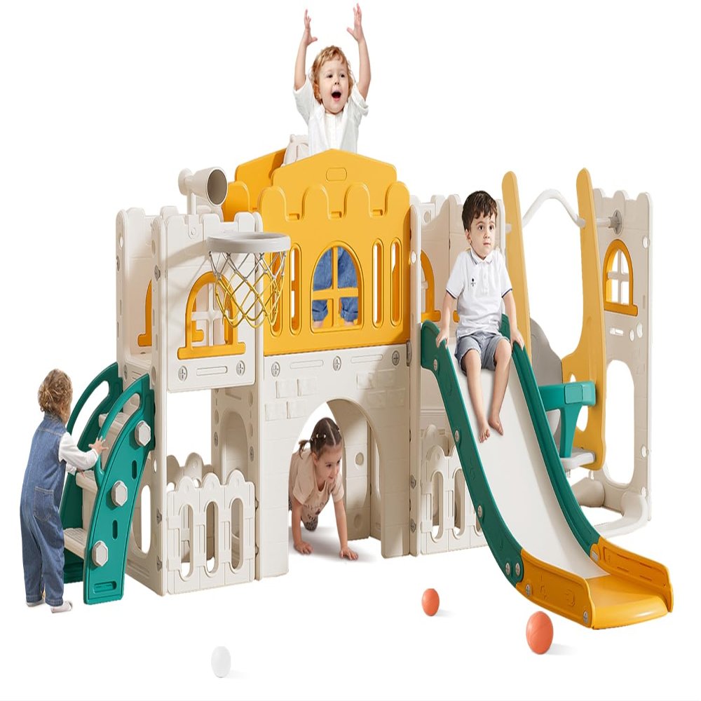 10 in 1 Toddler Slide, Age 1-3 with Swing, Basketball Hoop and Telescope, Kid Slide for Toddlers, Indoor Outdoor Playset Toddler Playground