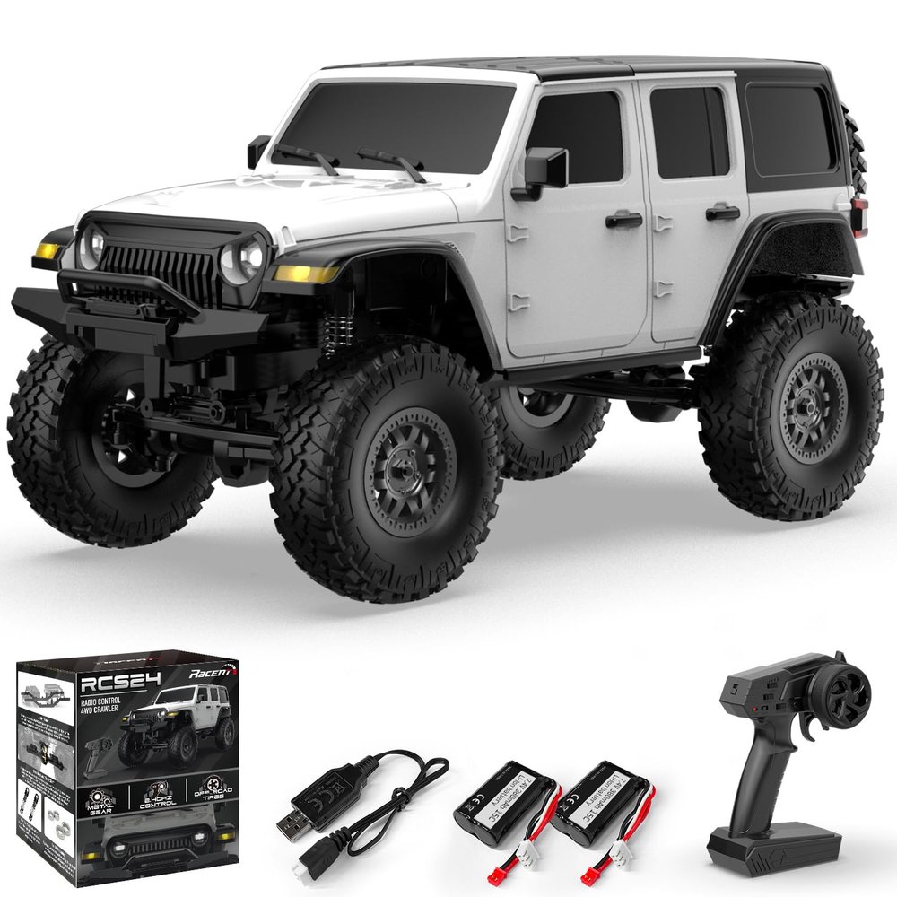 FLYCOLOR RCS24 Off Road 1/24 RC Truck 4x4 Off Road Crawler Climbing Vehicle All Terrain RC Monster Truck Remote Control Car with Bright Headlight 2 Batteries Waterproof Hobby Toys(RTR White)