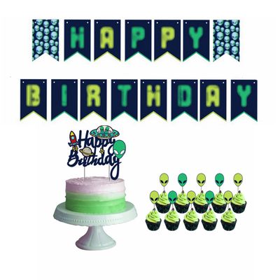 12Pcs Pre-assembled Alien Themed Birthday Party Decoration Set Alien UFO Happy Birthday Banner and Cake Decorations Outer Space Themed Decorations for Birthdays Baby Shower Party Supplies