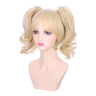 DUDUWIG Kids Blonde Two Ponytail Wig Girls Short Light Blonde Wavy Curly Wig with Bangs Heat Resistant Synthetic Wigs with Cap