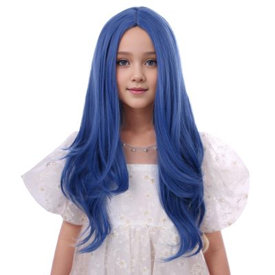 DUDUWIG Dark Blue Wig Long Blue Middle Part Wig Dark Blue Wavy Curly Wigs Heat Resistant Synthetic Wigs with Cap (Small Size)