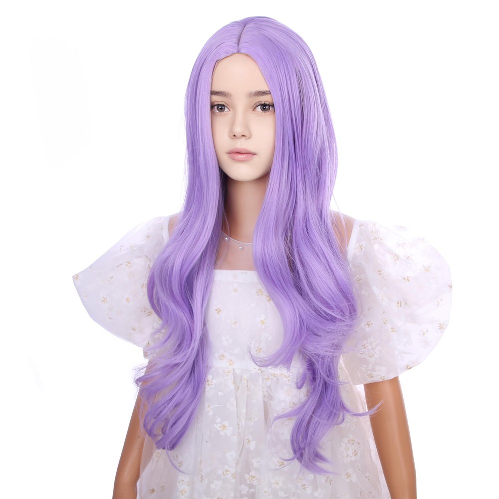 DUDUWIG Child Lavender Purple Wig Kids Long Light Purple Middle Part Wig Long Wavy Curly Wigs for Girls Heat Resistant Synthetic Hair with Cap
