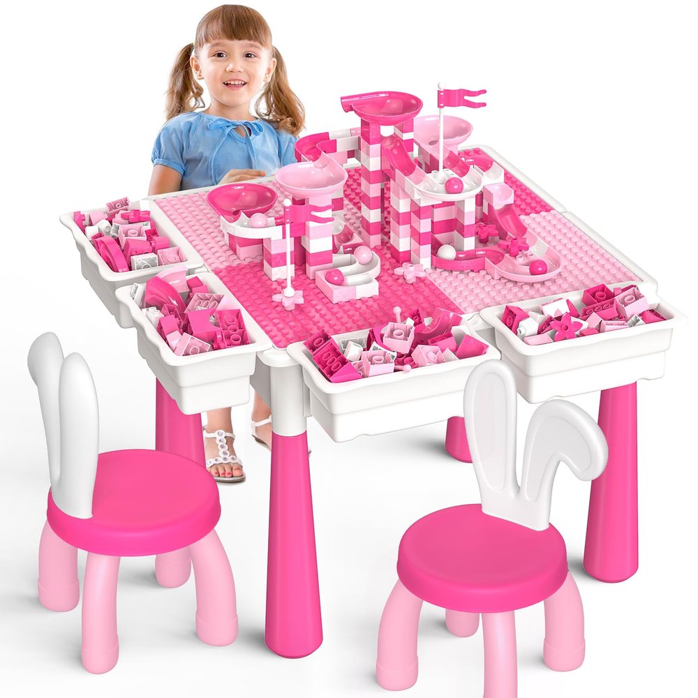 OCATO Kids Toddler Table and Chair Set: Water Table Activity Tables with 152Pcs Large Marble Run Building Blocks 2 Rabbit Chairs Storage All in One Play Sensory Sand Tables 3-6 Year Old Girl Toy Gift