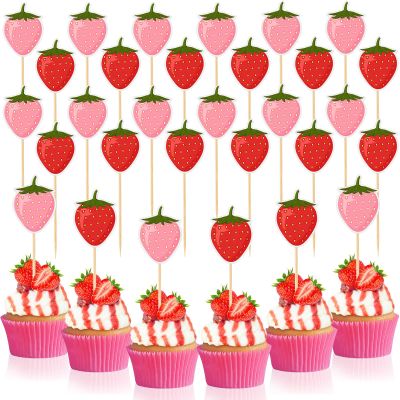 Teenyyou 48 Pcs Strawberry Cupcake Toppers Red Pink Strawberry Cupcake Picks Fruit Theme Berry Cake Topper Birthday Decorations for Birthday Party Supplies