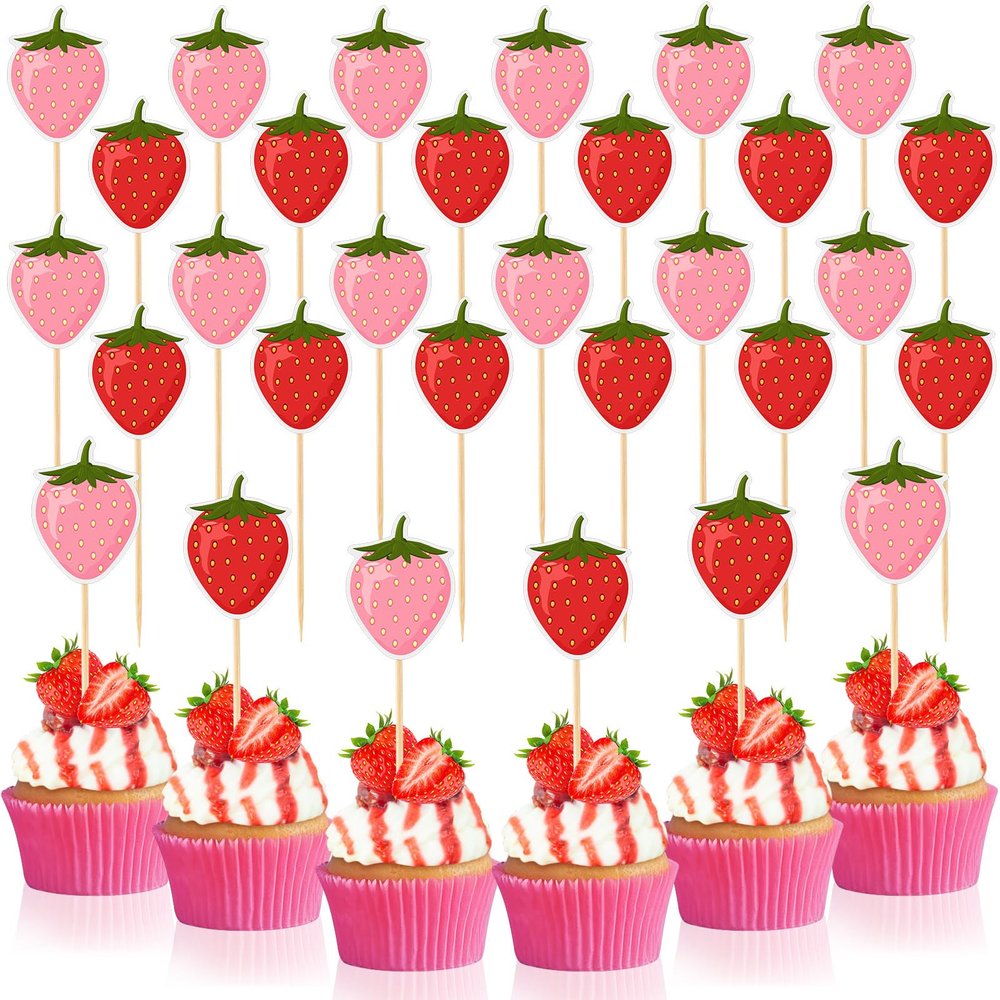 Teenyyou 48 Pcs Strawberry Cupcake Toppers Red Pink Strawberry Cupcake Picks Fruit Theme Berry Cake Topper Birthday Decorations for Birthday Party Supplies