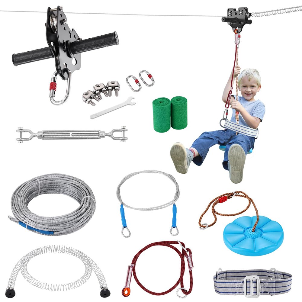 VEVOR Zip line Kits for Backyard80ft Zip line Kit for Kids and Adult Up to 330 lb, Included Swing Seat, Ziplines Brake, and Steel Trolley, Outdoor Playground Equipment