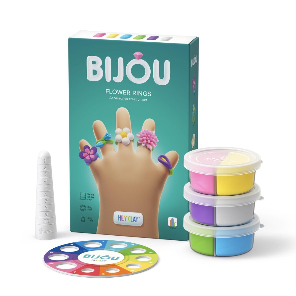 HEY CLAY Bijou - Clay Kit for Accessories Creation - Air Dry Clay with Tools and Fun Interactive App for Kids 3+ (Flower Rings)